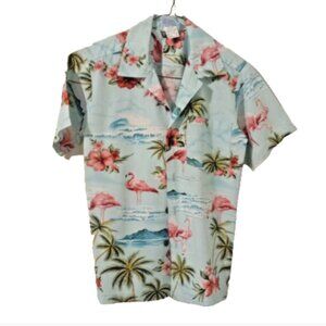RJC Boys Hawaiian Shirt Size 10 Aqua Flamingo Tropical Made in Hawaii USA